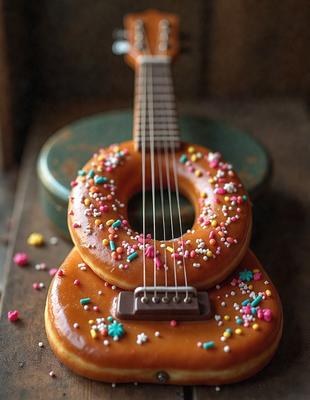 The primary subject of the image is a guitar-shaped donut with sprinkles on it. The setting is a table, and the visual style appears to be a photo. The dominant colors are brown, white, and various pastel colors from the sprinkles. The overall atmosphere is playful and fun, as the guitar-shaped donut is a creative and unique dessert.